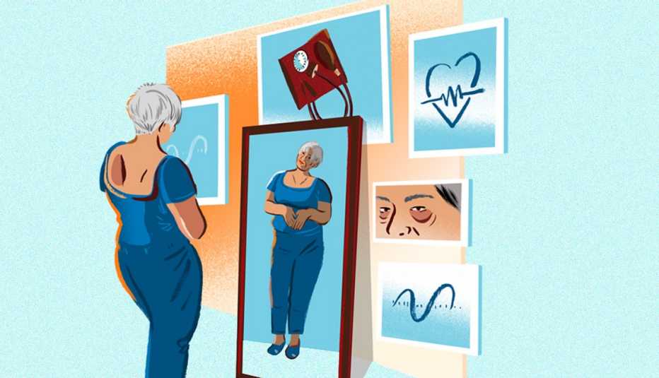 woman in her 70s looks in a mirror surrounded my reminders of health and aging