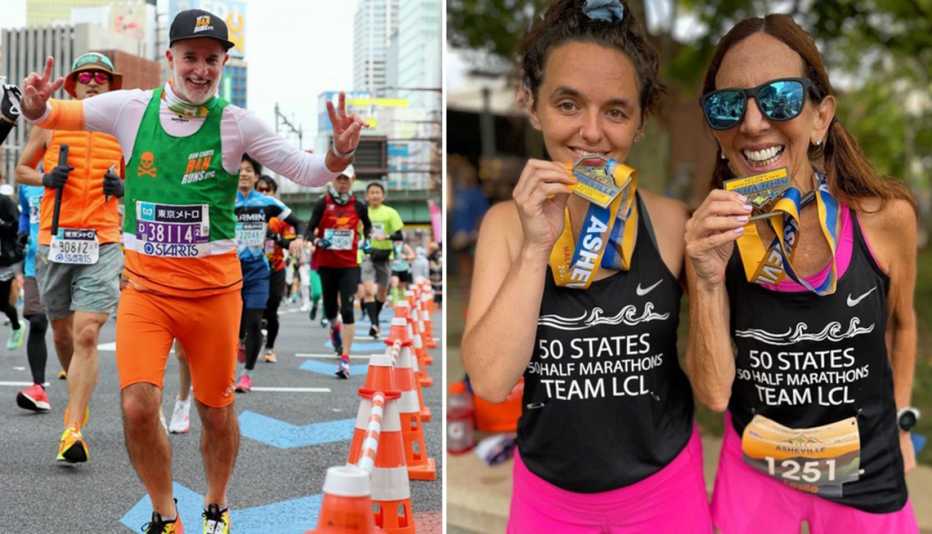 Left: Ron Romano running in the Tokyo Marathon on March 5, 2023.  Right: Phoebe Kiekhofer and her mother Leslie Cohen at the Asheville Half Marathon on August 27, 2022.