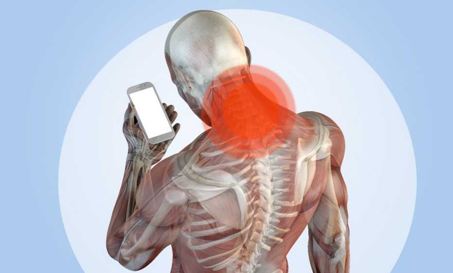 male body showing bones and muscles anatomy in an incorrect posture holding a mobile phone and looking down at the device screen which strains the neck and can cause a problem called text neck or tech neck