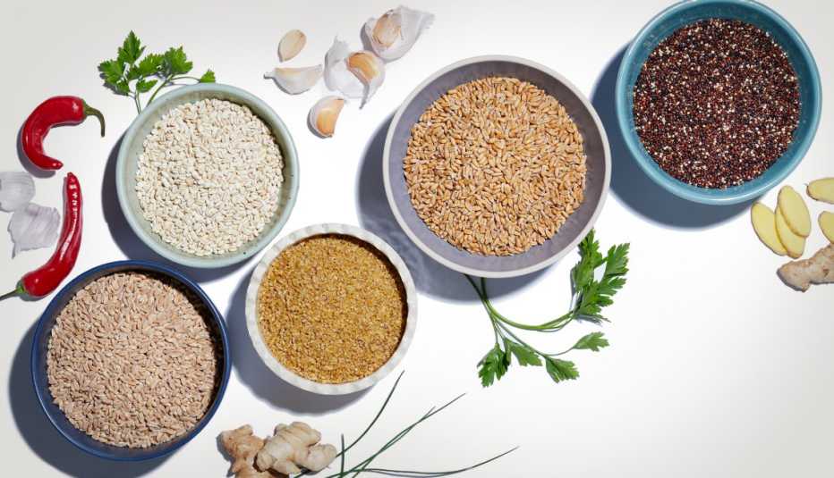 bowls of grains such as barley farro quinoa bulgur and spelt
