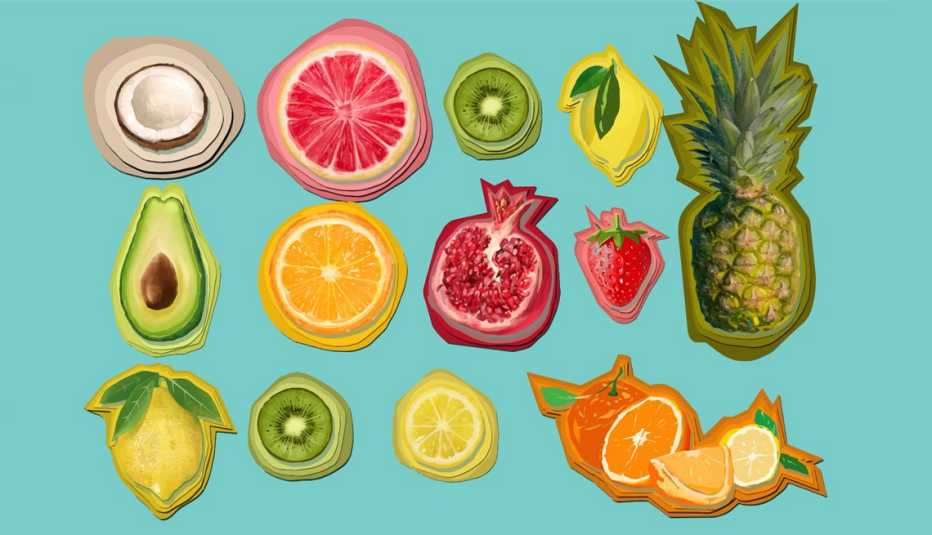 illustration of an assortment of fruits and vegetables eaten in the plant-based diet on a light blue background