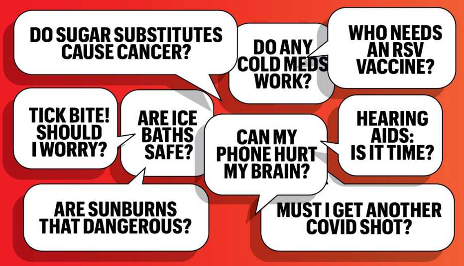 speech bubbles with health related questions such as can my phone hurt my brain are ice baths safe do any cold meds work who needs an r s v vaccine and must i get another covid shot
