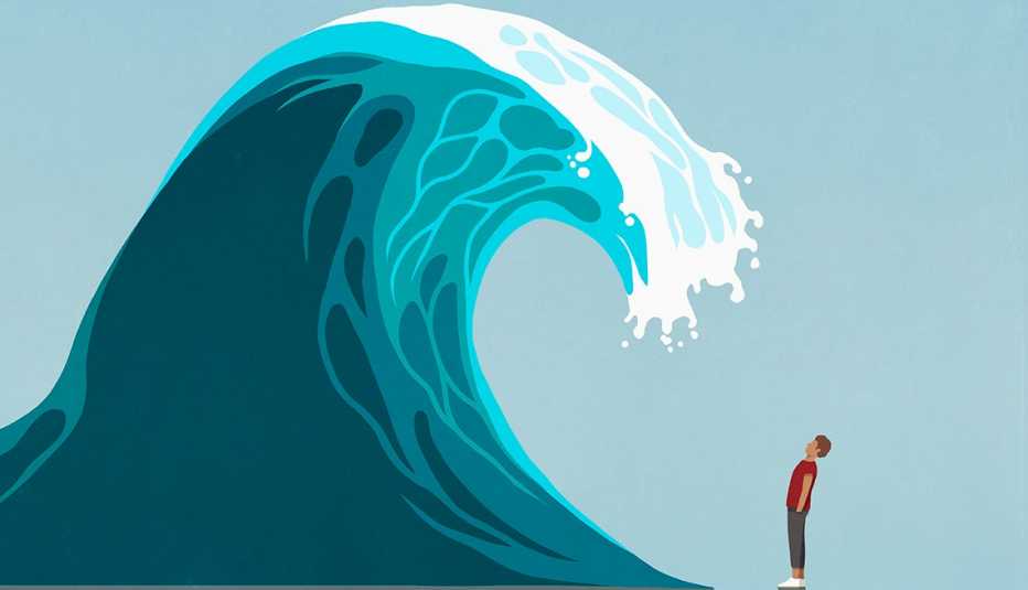 An illustration of a man standing in front of a huge ocean tidal wave