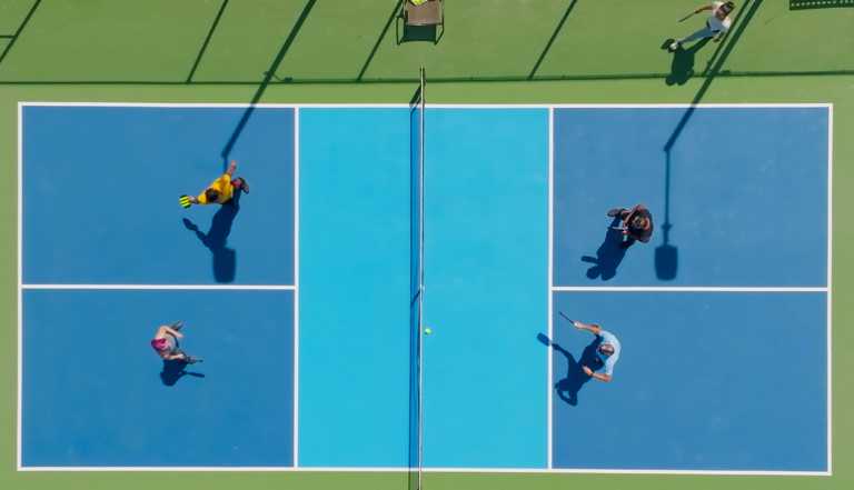 overhead view of a pickleball court showing the kitchen and the rest of the court with four players on it