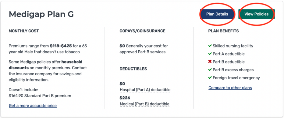 medigap plan option screenshot with plan details and view policies buttons circled