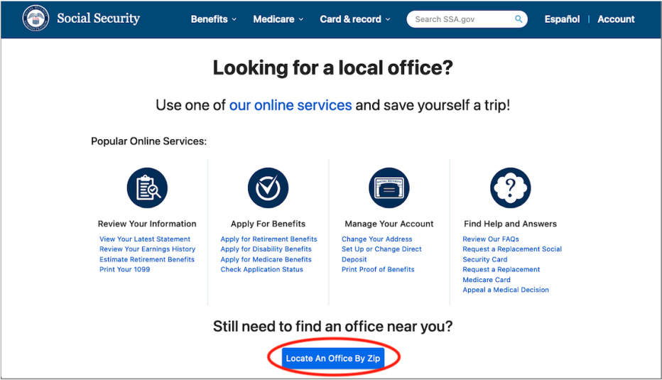 screenshot of social security local office lookup with the locate an office by zip code button circled