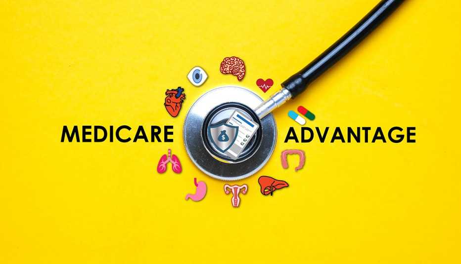 A picture of stethoscope with human organ illustration and Medicare Advantage word