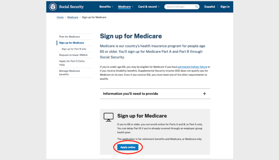 screenshot of medicare website showing how to sign up for medicare