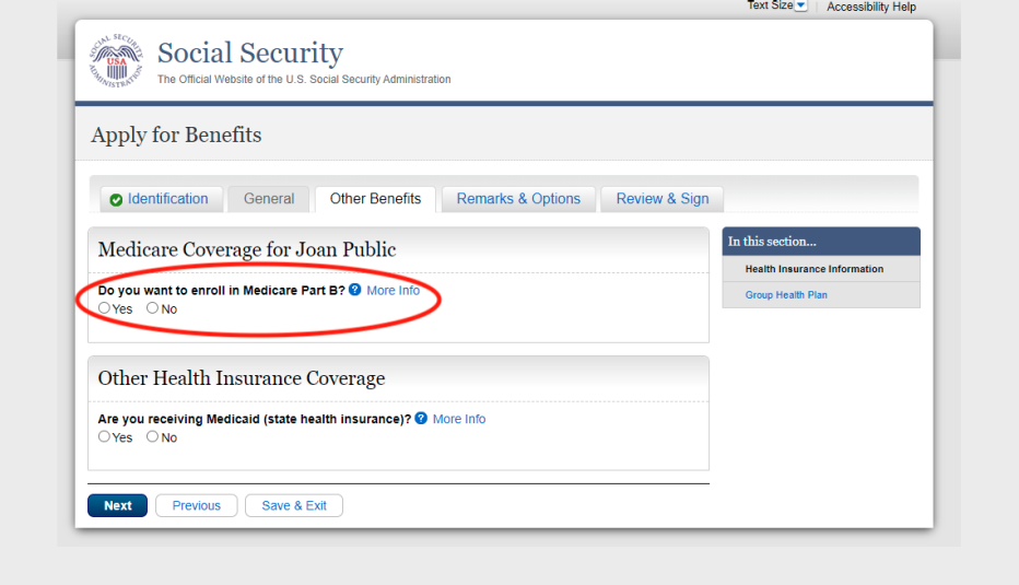 screenshot of the social security administrations medicare application website page asking want to enroll in Medicare Part B