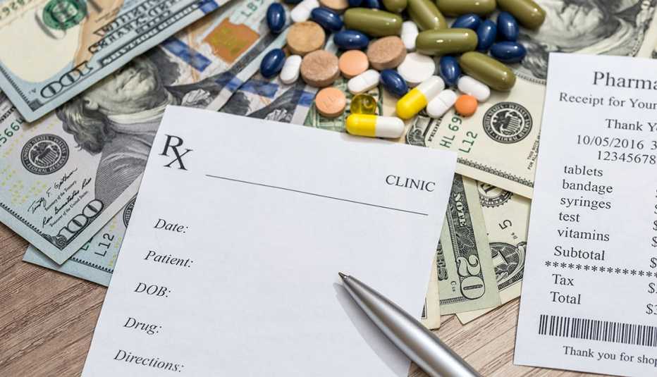 Cost of medicine- blank prescription, pharmacy receipt, pills and money.