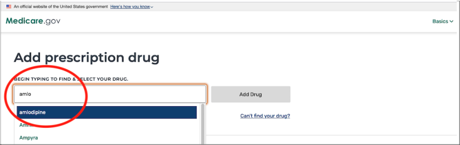 screenshot of medicare add prescription drug