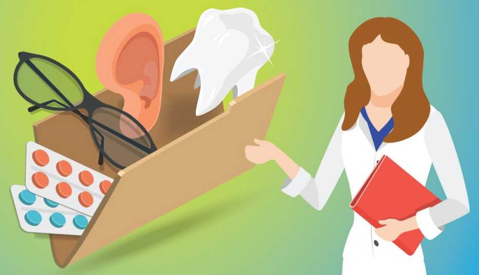 cartoon of health care worker presenting a folder filled with eyeglasses prescription pill packs an ear and a tooth to represent how medicare advantage can include vision hearing dental and prescription coverage