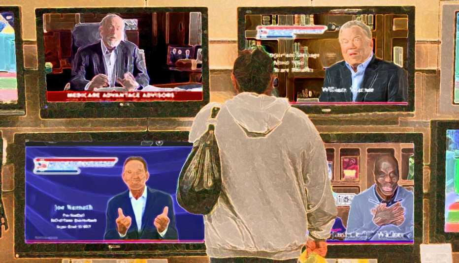 a customer in a sweatshirt looks at four different tvs showing four different medicare ads