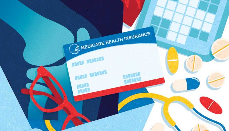 illustration of a medicare insurance card surrounded by elements of healthcare including x rays prescription drugs a calculator and stethoscope