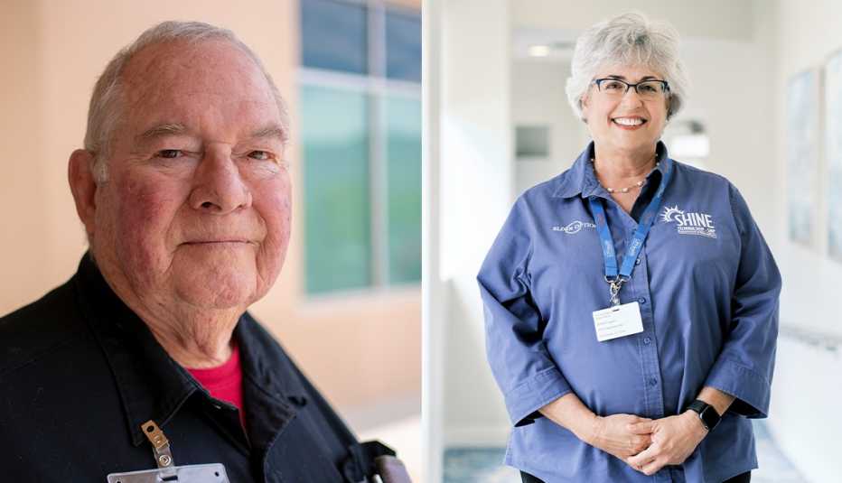 two separate portraits of volunteer medicare counselors dick anderson and betsy dubin