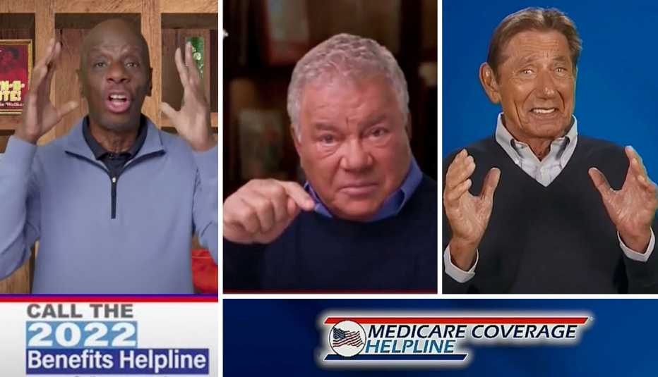 screengrabs from three tv commercials that advertise medicare advantage plans with well known personalities jimmie walker william shatner and noe namath