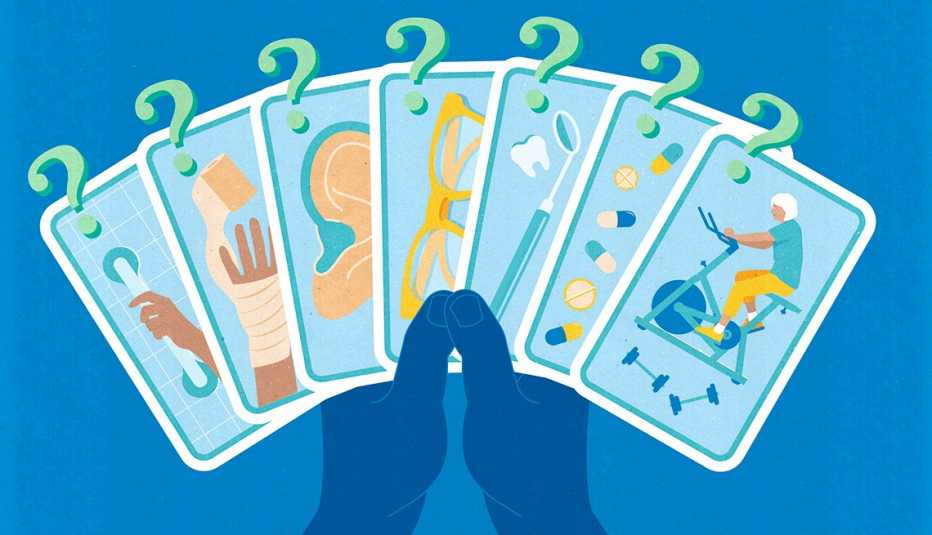hands holding a fan of cards with question marks above them with pictures on the cards of some of the elements original medicare is missing including hearing vision dental prescription drugs gym memberships and shower bars 