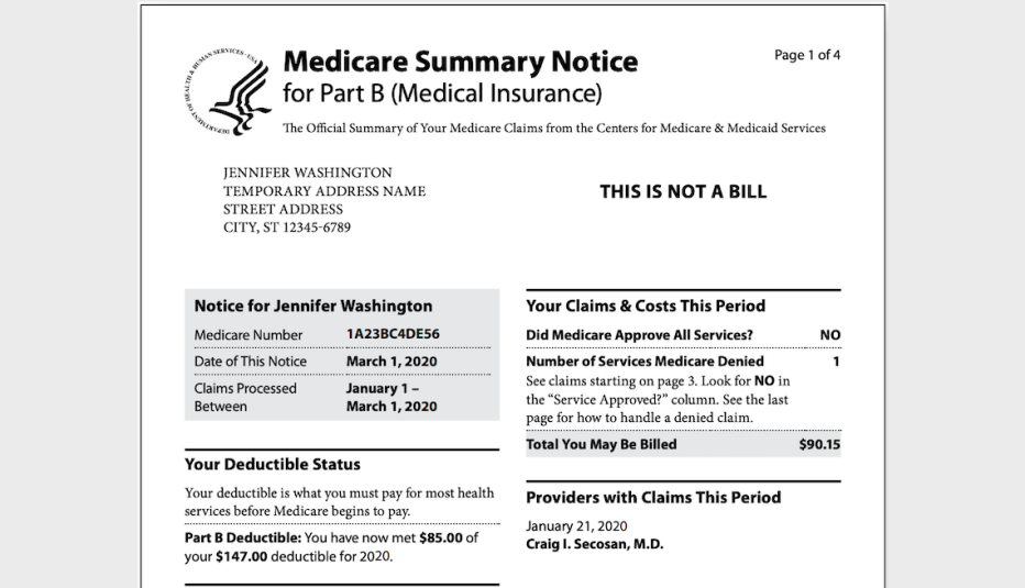 screen capture of a Medicare Summary Notice for Part B
