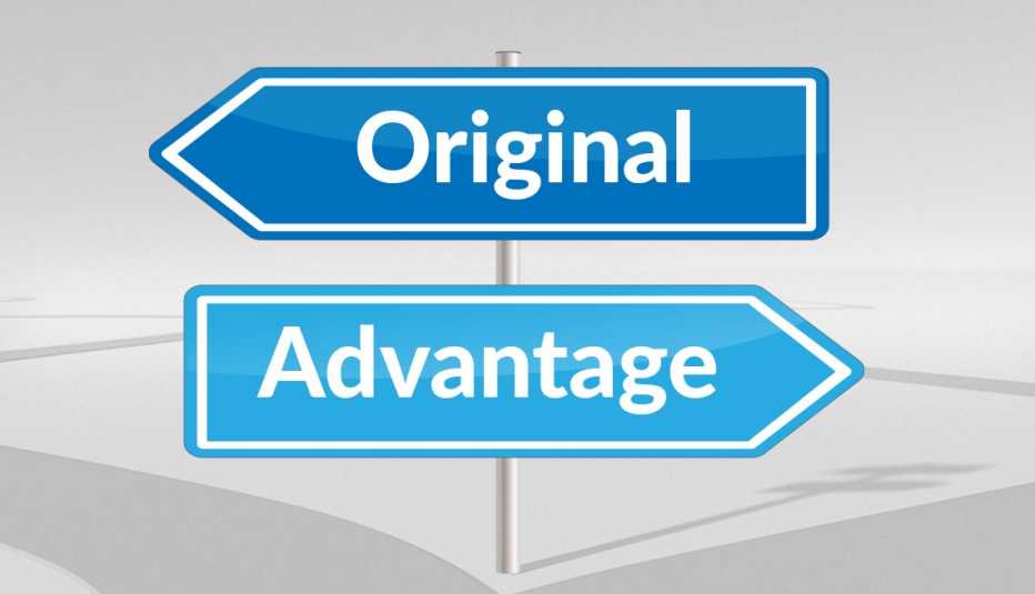 arrow shaped signs that say original and advantage pointing in opposite directions