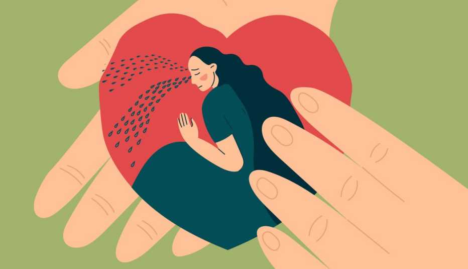 graphic of a pair of hands holding a heart shape with a crying woman on it