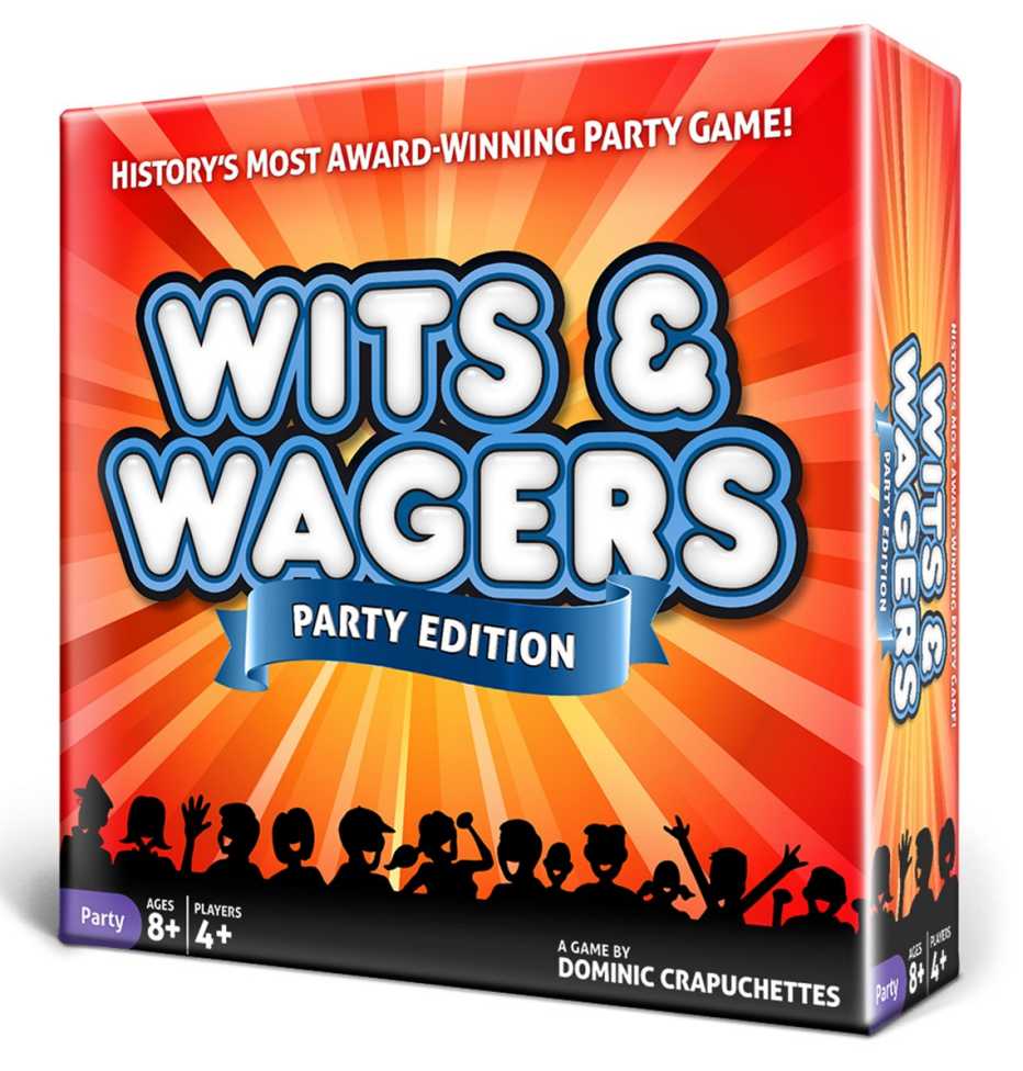 Wits and Wager game box with text that also reads "History's Most Award-Winning Party Game!" "Party Edition"