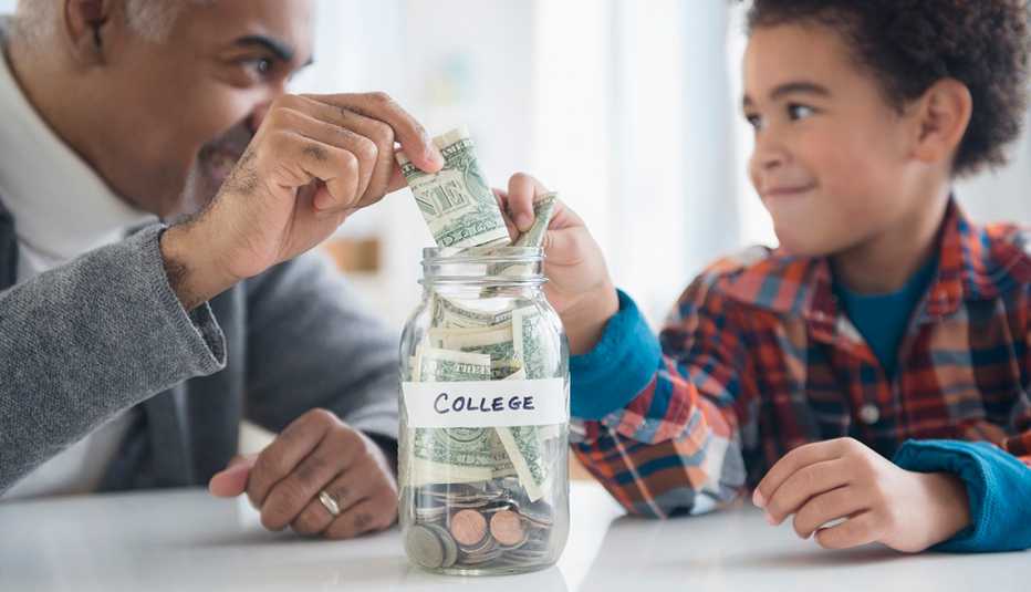 an older man and child putting money in a jar labeled "college"