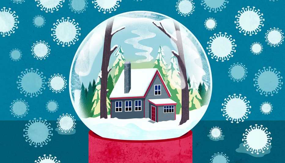 illustration of a snowglobe containing a warm cozy house but the snow is outside the globe and it is made of covid nineteen cells