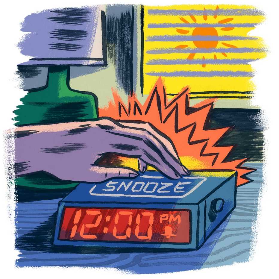 illustration of a hand hitting the snooze button on an alarm clock