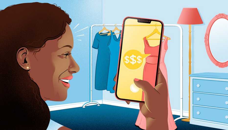 illustration of a woman taking a photo of a dress with her phone and turning it into cash