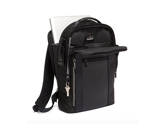 TUMI backpack with a laptop inside