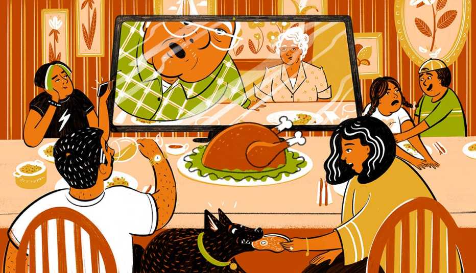 illustration of a family eating Thanksgiving dinner in front of a large tv monitor showing the grandparents also having dinner
