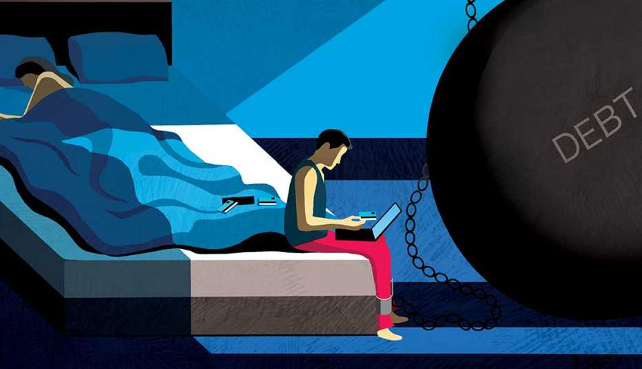 illustration of a man sitting on the edge of a bed at night with a laptop and a ball and chain of debt shackled to his ankle