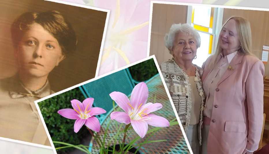 collage of an old sepia tinted photo of a woman, rain lily flowers in a pot, and an older and younger woman posing together in a church