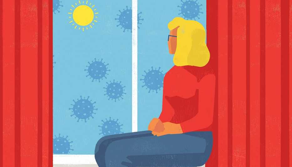 graphic illustration of a woman seated next to a window looking at the outside sky which is filled with floating coronavirus germs