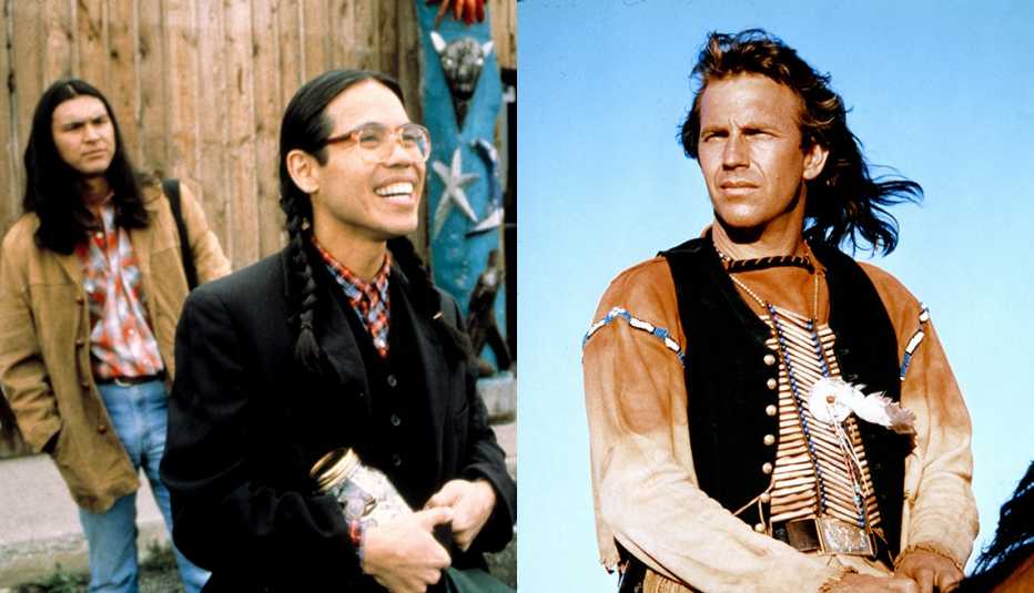Side-by-side images of Adam Beach and Evan Adams star in Smoke Signals and Kevin Costner in Dances With Wolves