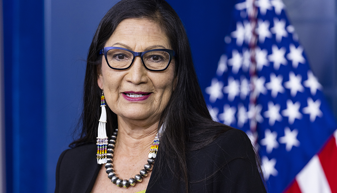 Deb Haaland, U.S. secretary of the interior, speaks during a news conference in the James S. Brady Press Briefing Room at the White House in Washington, D.C., U.S., on Friday, April 23, 2021. 