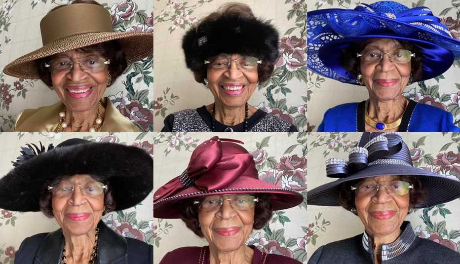 six more images of doctor laverne wimberly wearing stylish church hats and outfits 