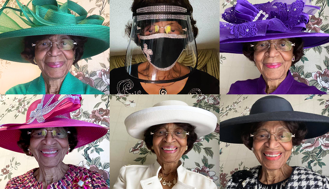 six different screenshots of doctor laverne wimberly attending virtual church services in her sunday best