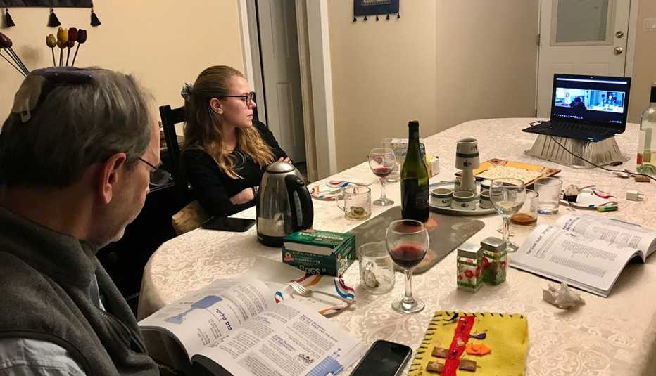 Andrew Silow-Carroll and daughter Kayla connected with extended family on Zoom during Passover 2020.  