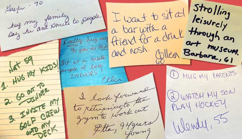 assortment of post it notes writted by readers saying what they wish to do after the pandemic ends these include hugging family going out to dinner and going to the gym