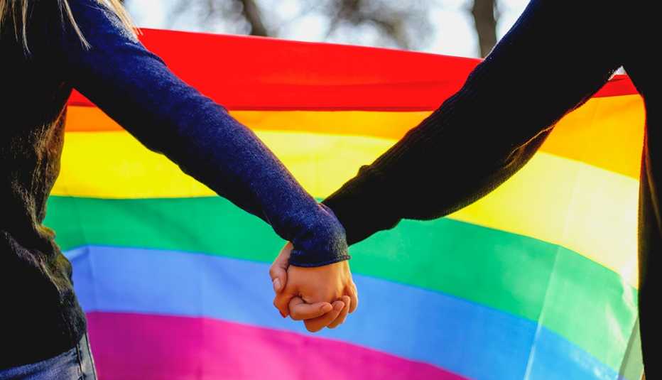 Two girls holding hands and a rainbow flag in support of the LGBT community