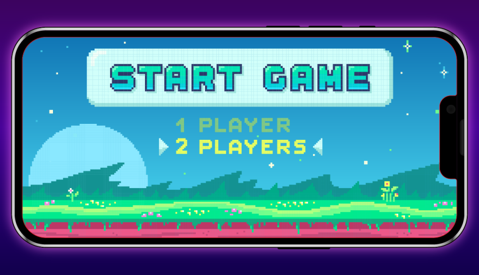a phone with a video game on it that says start and one player or two player