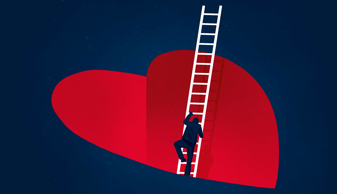 graphic of a man climbing a ladder out of a deep empty heart shape