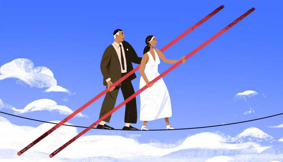 Illustration of a couple walking a tight rope in the sky