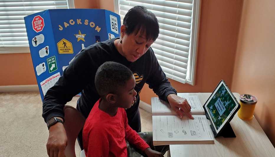 Grandmother helps with teaching during virtual schooling