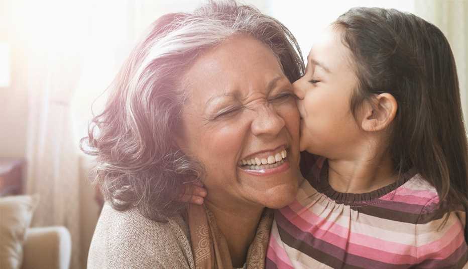 Granddaughter kissing cheek of grandmother