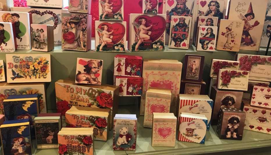 rows of vintage chocolate boxes as valentines gifts