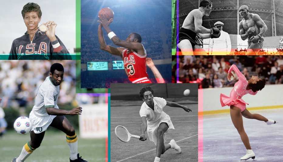 a collage of black athletes from top left wilma rudolph michael jordan jack johnson pele althea gibson debi thomas