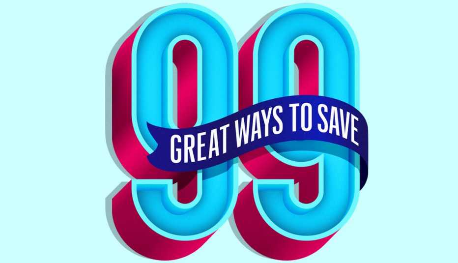large logotype of 99 great ways to save on light blue background