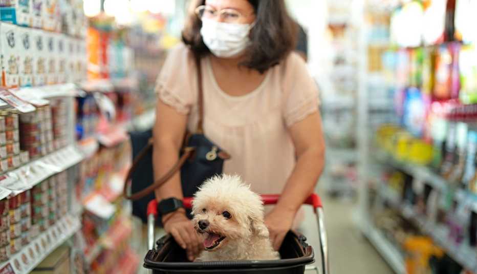 woman shopping in the pet food aisle with a smiling poodle in the cart